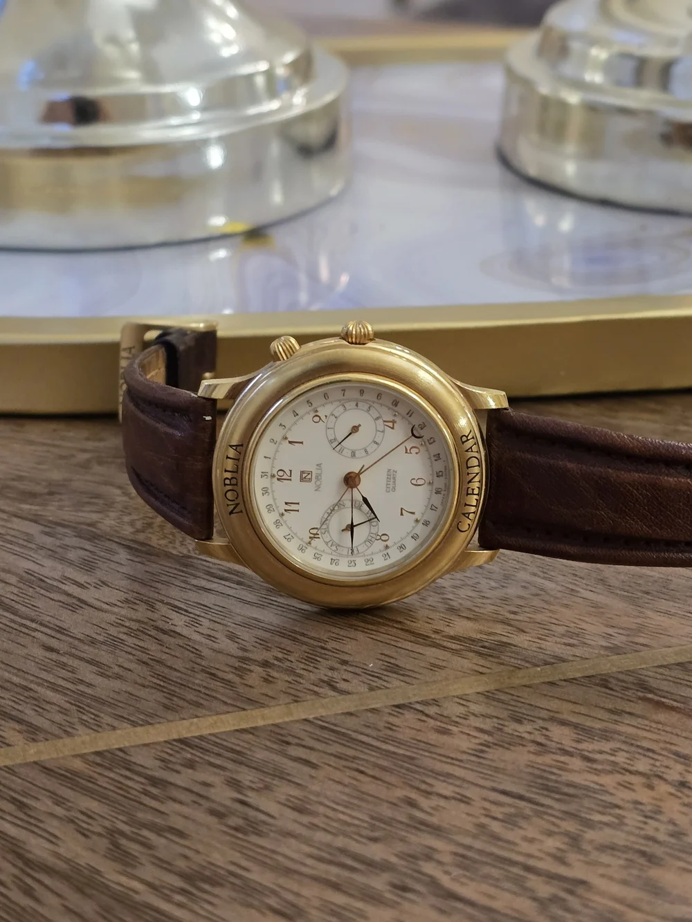Citizen Gold-Tone Calendar Watch with Brown Leather Strap